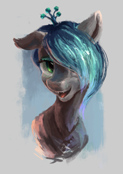 Size: 827x1168 | Tagged: safe, artist:plainoasis, character:queen chrysalis, species:earth pony, species:pony, alternate hairstyle, bust, crown, fangs, female, hair over one eye, jewelry, portrait, regalia, short hair, smiling, solo, species swap
