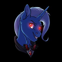 Size: 900x900 | Tagged: safe, artist:shimazun, character:trixie, species:pony, species:unicorn, alicorn amulet, black background, female, mare, red eyes, simple background, solo
