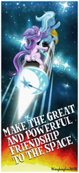 Size: 1024x2221 | Tagged: safe, artist:wangkingfun, character:starlight glimmer, character:trixie, species:pony, species:unicorn, both cutie marks, cape, caption, clothing, cutie mark, duo, engrish, female, hat, mare, plot, riding, rocket, space background, toy interpretation, trixie's cape, trixie's hat, trixie's rocket