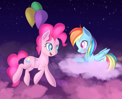 Size: 2340x1896 | Tagged: safe, artist:brok-enwings, character:pinkie pie, character:rainbow dash, species:earth pony, species:pegasus, species:pony, balloon, blushing, cloud, female, sitting, sky, smiling, stars