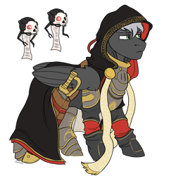 Size: 2000x2000 | Tagged: safe, artist:shimazun, oc, oc only, species:pegasus, species:pony, clothing, commission, crossover, hood, human skull, male, robe, servo skull, simple background, skull, solo, stallion, sword, transparent background, warhammer (game), warhammer 40k, weapon