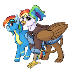 Size: 1100x1100 | Tagged: safe, artist:shimazun, character:rainbow dash, oc, oc:rainbow feather, parent:gilda, parent:rainbow dash, parents:gildash, species:pegasus, species:pony, clothing, commission, goggles, griffon oc, hoodie, interspecies offspring, magical lesbian spawn, offspring, open mouth, simple background, transparent background, uniform, wonderbolts uniform