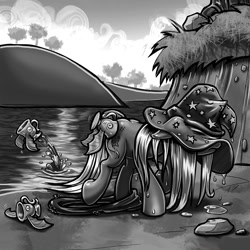 Size: 1000x1000 | Tagged: safe, artist:harwick, character:trixie, species:pony, species:unicorn, newbie artist training grounds, atg 2018, biteacuda, clothing, cup, female, fish, floppy ears, grayscale, hat, inner tube, mare, monochrome, solo, teacup, trixie's hat, water, wet, wet mane