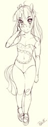 Size: 729x1920 | Tagged: safe, artist:pijinpyon, character:snails, species:anthro, species:pony, species:unicorn, ahoge, bandaid, belly button, blushing, clothing, crossdressing, freckles, glitter shell, high heels, male, monochrome, one-piece swimsuit, platform shoes, sandals, shark swimsuit, shoes, sketch, solo, swimsuit