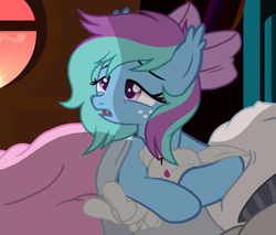 Size: 700x595 | Tagged: safe, artist:ponyecho, edit, part of a set, oc, oc only, oc:sky lantern, species:bat pony, species:pony, bed, bed hair, blanket, blushing, bow, colored pupils, crepuscular rays, cute, ear fluff, editor needed, fangs, female, freckles, holding, lidded eyes, messy mane, morning ponies, open mouth, pillow, plushie, show accurate, sleepy, solo, sunrise