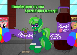 Size: 1003x727 | Tagged: safe, artist:limedreaming, oc, oc only, oc:lime dream, species:pony, species:unicorn, fallout equestria, balloon, banner, bottle, clothing, door, factory, grand opening, happy, magic, manager, microphone, older, shears, sparkle cola, window