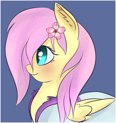 Size: 826x876 | Tagged: safe, artist:brok-enwings, character:fluttershy, bathrobe, blue background, blushing, clothing, cute, female, flower, flower in hair, robe, shyabetes, simple background, smiling, solo, wet mane