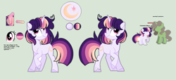Size: 5043x2304 | Tagged: safe, artist:moon-rose-rosie, oc, oc:celestial moon, parent:rainbow dash, parent:twilight sparkle, parents:twidash, species:pony, species:unicorn, female, magical lesbian spawn, mare, offspring, reference sheet, solo