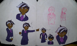 Size: 1280x768 | Tagged: safe, artist:aa, oc, oc only, oc:samoa, species:human, ace attorney, barely pony related, clothing, crossover, dark skin, female, human female, humanized, humanized oc, japanese, phoenix wright, solo, text