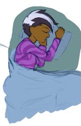 Size: 467x719 | Tagged: safe, artist:aa, oc, oc only, oc:samoa, species:human, barely pony related, bed, clothing, dark skin, female, human female, human oc, humanized, humanized oc, on side, pajamas, pillow, sleeping, solo