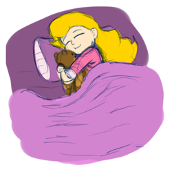 Size: 467x465 | Tagged: safe, artist:aa, oc, oc only, oc:savannah smile, species:human, barely pony related, bed, blanket, clothing, human oc, humanized, humanized oc, light skin, pajamas, pillow, plushie, sleeping, smiling, solo, teddy bear