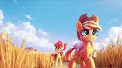 Size: 2000x1126 | Tagged: safe, artist:inowiseei, character:apple bloom, character:applejack, species:earth pony, species:pony, g4, barn, bow, clothing, cloud, commission, cowboy hat, duo, duo female, female, filly, food, hat, haystick, mare, saddle bag, scenery, siblings, signature, sisters, sky, smiling, stetson, sweet apple acres, wheat