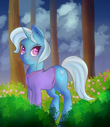 Size: 1793x2069 | Tagged: safe, artist:brok-enwings, character:trixie, species:pony, clothing, female, flower, morning ponies, scenery, smiling, solo
