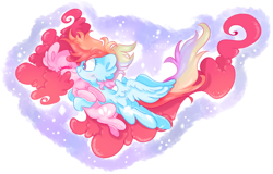 Size: 1280x818 | Tagged: safe, artist:pinkablue, character:pinkie pie, character:rainbow dash, species:earth pony, species:pegasus, species:pony, ship:pinkiedash, abstract background, ear fluff, eyes closed, female, hug, lesbian, mare, shipping, signature