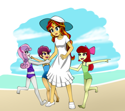 Size: 1800x1600 | Tagged: safe, artist:nekojackun, character:apple bloom, character:scootaloo, character:sunset shimmer, character:sweetie belle, species:pegasus, species:pony, my little pony:equestria girls, armpits, barefoot, beach, bikini, clothing, cute, cutie mark crusaders, dress, feet, female, midriff, ocean, one-piece swimsuit, sand, sundress, swimsuit, tankini