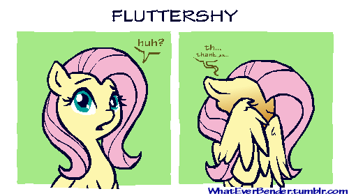 Size: 500x281 | Tagged: safe, artist:whateverbender, character:fluttershy, species:pegasus, species:pony, animated, blushing, comic, context in source, cropcon, cropped, cute, explicit source, female, frame by frame, hiding behind wing, mare, shy, shyabetes, solo, squigglevision