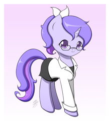 Size: 700x800 | Tagged: safe, artist:jdan-s, oc, oc only, oc:doctor violet, species:pony, species:unicorn, bow, clothing, cute, glasses, lab coat, looking at you, ocbetes, pixiv, ponytail, skirt, solo