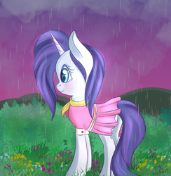 Size: 1944x1994 | Tagged: safe, artist:brok-enwings, character:rarity, species:pony, species:unicorn, clothing, dress, female, mare, rain, solo