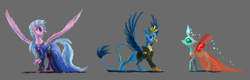Size: 3369x1080 | Tagged: safe, artist:plainoasis, character:gallus, character:ocellus, character:silverstream, species:changeling, species:classical hippogriff, species:griffon, species:hippogriff, species:reformed changeling, clothing, dress, female, glowing horn, gown, gray background, hoodie, male, simple background, spread wings, tail, trio, wings