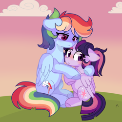 Size: 3000x3000 | Tagged: safe, artist:moon-rose-rosie, character:rainbow dash, character:twilight sparkle, character:twilight sparkle (alicorn), species:alicorn, species:pegasus, species:pony, ship:twidash, female, floppy ears, high res, hug, lesbian, lightly watermarked, mare, shipping, signature, sitting, size difference, story included, watermark