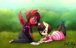Size: 900x571 | Tagged: safe, artist:starshinebeast, oc, oc only, oc:raidiant, species:anthro, species:pegasus, clothing, converse, duo, duo female, female, filly, glasses, grass, pencil, shoes, signature, sketchbook, smiling