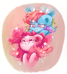 Size: 1043x1154 | Tagged: safe, artist:pinkablue, character:pinkie pie, character:rainbow dash, species:earth pony, species:pegasus, species:pony, ship:pinkiedash, abstract background, blushing, cute, ear fluff, eyes closed, female, flower, flower in hair, lesbian, mare, shipping, signature