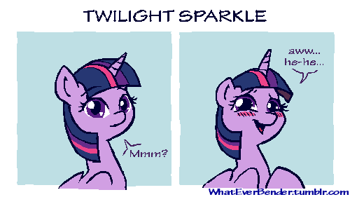 Size: 500x281 | Tagged: safe, artist:whateverbender, character:twilight sparkle, character:twilight sparkle (alicorn), species:alicorn, species:pony, animated, awkward, blushing, context in source, cropcon, cropped, cute, dialogue, explicit source, female, frame by frame, smiling, solo, squigglevision, twiabetes