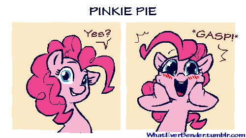 Size: 500x281 | Tagged: safe, artist:whateverbender, character:pinkie pie, species:earth pony, species:pony, animated, blushing, context in source, cropcon, cropped, cute, dialogue, diapinkes, explicit source, female, frame by frame, happy, smiling, solo, squigglevision, starry eyes, wingding eyes