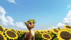 Size: 3840x2160 | Tagged: safe, artist:inowiseei, oc, oc only, oc:serik, species:pony, species:unicorn, chest fluff, commission, fisheye lens, flower, high res, scenery, smiling, solo, sunflower, uhd