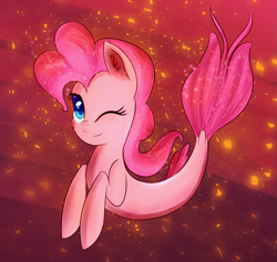 Size: 1687x1596 | Tagged: safe, artist:brok-enwings, character:pinkie pie, species:seapony (g4), female, one eye closed, seaponified, seapony pinkie pie, smiling, solo, species swap