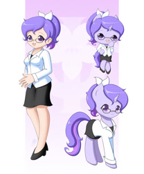 Size: 1000x1200 | Tagged: safe, artist:jdan-s, oc, oc only, oc:doctor violet, species:anthro, species:human, species:plantigrade anthro, species:pony, anthro with ponies, bow, chibi, clothing, cute, glasses, high heels, human ponidox, humanized, lab coat, legs, looking at you, moe, ocbetes, original species, pixiv, ponidox, ponytail, self ponidox, shoes, skirt, solo, species swap