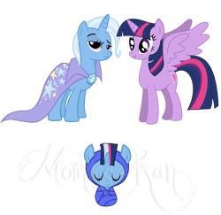 Size: 1491x1448 | Tagged: safe, artist:yaaaco, character:trixie, character:twilight sparkle, character:twilight sparkle (alicorn), parent:trixie, parent:twilight sparkle, parents:twixie, species:alicorn, species:pony, ship:twixie, baby, baby pony, female, lesbian, magical lesbian spawn, offspring, shipping, simple background, transparent background