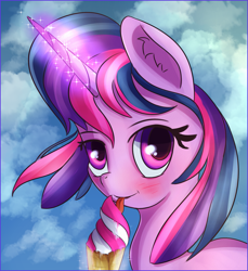 Size: 1497x1634 | Tagged: safe, artist:brok-enwings, character:twilight sparkle, species:pony, species:unicorn, blushing, cloud, female, food, ice cream, licking, sky, solo, tongue out