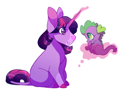 Size: 4000x3000 | Tagged: safe, artist:uunicornicc, character:spike, character:twilight sparkle, character:twilight sparkle (unicorn), species:dragon, species:pony, species:unicorn, baby, baby dragon, baby spike, coat markings, cute, duo, female, filly, filly twilight sparkle, floating, glowing horn, leonine tail, looking at each other, magic, male, simple background, smiling, spikabetes, telekinesis, twiabetes, white background, younger