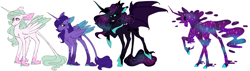 Size: 7000x2000 | Tagged: safe, artist:uunicornicc, character:nightmare moon, character:princess celestia, character:princess luna, character:tantabus, alternate design, alternate universe, bat wings, cloven hooves, colored wings, dappled, ethereal mane, floppy ears, galaxy mane, leonine tail, raised hoof, simple background, story in the source, unshorn fetlocks, white background