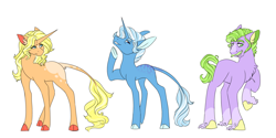 Size: 5000x2500 | Tagged: safe, artist:uunicornicc, idw, character:jack pot, character:sunflower spectacle, species:classical unicorn, species:earth pony, species:pony, species:unicorn, episode:grannies gone wild, g4, my little pony: friendship is magic, big bucks, chest fluff, cloven hooves, female, leonine tail, male, mare, missing cutie mark, raised hoof, simple background, stallion, trio, unshorn fetlocks, white background