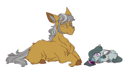 Size: 3000x1600 | Tagged: safe, artist:uunicornicc, character:igneous rock pie, character:marble pie, species:earth pony, species:pony, blank flank, cute, dappled, duo, father and daughter, female, filly, floppy ears, fluffy, geode, male, marblebetes, missing cutie mark, prone, simple background, sitting, smiling, stallion, white background, younger
