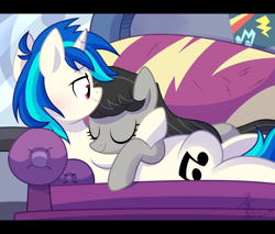 Size: 2000x1700 | Tagged: safe, artist:yaaaco, character:dj pon-3, character:octavia melody, character:vinyl scratch, species:earth pony, species:pony, species:unicorn, ship:scratchtavia, cute, eyes closed, female, lesbian, mare, on back, prone, shipping, sleeping
