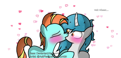 Size: 2760x1333 | Tagged: safe, artist:phenioxflame, base used, oc, oc only, oc:dawn, oc:phenioxflame, species:pony, species:unicorn, blushing, blushing profusely, eyes closed, heart, kissing, png, simple background, transparent background