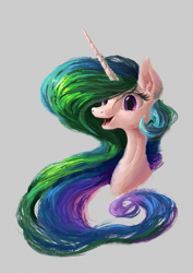 Size: 1017x1439 | Tagged: safe, artist:plainoasis, character:princess celestia, species:alicorn, species:pony, bust, female, gray background, happy, missing accessory, painting, portrait, simple background, smiling, solo