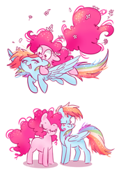 Size: 824x1207 | Tagged: safe, artist:pinkablue, character:pinkie pie, character:rainbow dash, species:earth pony, species:pegasus, species:pony, ship:pinkiedash, blushing, cute, eyes closed, female, flower, flower in hair, flying, lesbian, mare, nuzzling, one eye closed, shipping, signature, simple background, white background