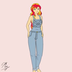 Size: 1000x1000 | Tagged: safe, artist:deltalima, character:sunset shimmer, species:human, breasts, female, humanized, naked overalls, overalls, sideboob, signature, simple background, solo, white background