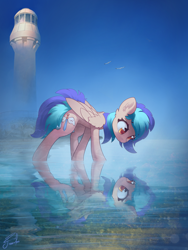 Size: 3000x4000 | Tagged: safe, artist:freeedon, oc, oc only, oc:coldfire, species:pegasus, species:pony, female, lighthouse, mare, reflection, solo, water