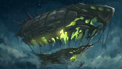Size: 1920x1080 | Tagged: safe, artist:plainoasis, species:changeling, airship, cloud, cloudy, flying, night, sky