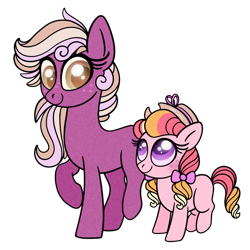 Size: 840x840 | Tagged: safe, artist:carouselunique, oc, oc:honeycrisp blossom, oc:pink apple, parent:big macintosh, parent:princess cadance, parent:shining armor, parents:cadmac, species:earth pony, species:pony, colored pupils, duo, female, filly, freckles, interdimensional siblings, magical threesome spawn, mare, multiple parents, offspring, parents:shiningcadmac, simple background, sisters, transparent background