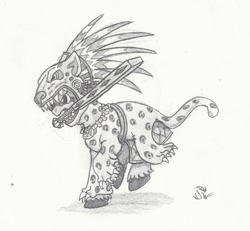 Size: 891x825 | Tagged: safe, artist:sensko, oc, oc only, species:pony, animal skin, aztec, grayscale, macuahuitl, monochrome, mouth hold, pelt, pencil drawing, solo, talacon, traditional art, warrior, weapon