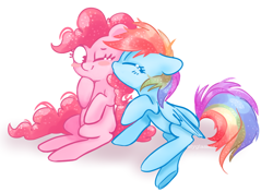 Size: 1024x719 | Tagged: safe, artist:pinkablue, character:pinkie pie, character:rainbow dash, species:earth pony, species:pegasus, species:pony, ship:pinkiedash, blush sticker, blushing, eyes closed, female, kiss on the cheek, kissing, lesbian, lightly watermarked, mare, one eye closed, shipping, simple background, sitting, watermark, white background