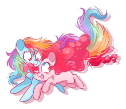 Size: 1024x890 | Tagged: safe, artist:pinkablue, character:pinkie pie, character:rainbow dash, species:earth pony, species:pegasus, species:pony, ship:pinkiedash, blushing, female, lesbian, lightly watermarked, looking at each other, mare, shipping, simple background, watermark, white background