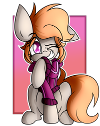 Size: 2262x2827 | Tagged: safe, artist:nekro-led, oc, oc only, oc:ink drop, species:earth pony, species:pony, abstract background, clothing, cute, hoodie, one eye closed, simple background, sitting, smiling, solo, transparent background