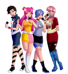 Size: 2175x2368 | Tagged: safe, artist:emberfan11, oc, oc:glitter shine (ice1517), oc:night rose (ice1517), species:human, ami onuki, belt, boots, bow, bracelet, breasts, cartoon network, choker, clothing, commission, compression shorts, converse, crossover, denim, ear piercing, earring, female, glasses, hair bow, hair over one eye, hi hi puffy ami yumi, humanized, humanized oc, jacket, jewelry, lipstick, microphone, miniskirt, one eye closed, open mouth, pantyhose, piercing, pigtails, shirt, shoes, shorts, simple background, singing, skirt, sneakers, socks, spiked choker, spiked wristband, stockings, t-shirt, tank top, tattoo, thigh highs, torn clothes, torn stockings, transparent background, twintails, wall of tags, wink, wristband, yumi yoshimura